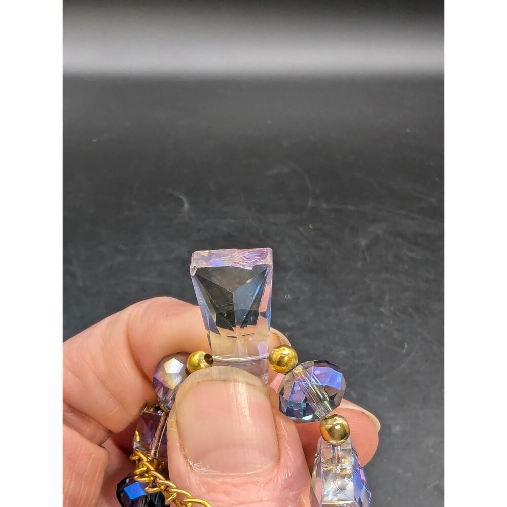 Gold Tone Crystal Aurora Borealis Statement Necklace Blue Purple Iridescent Read - Picture 9 of 12